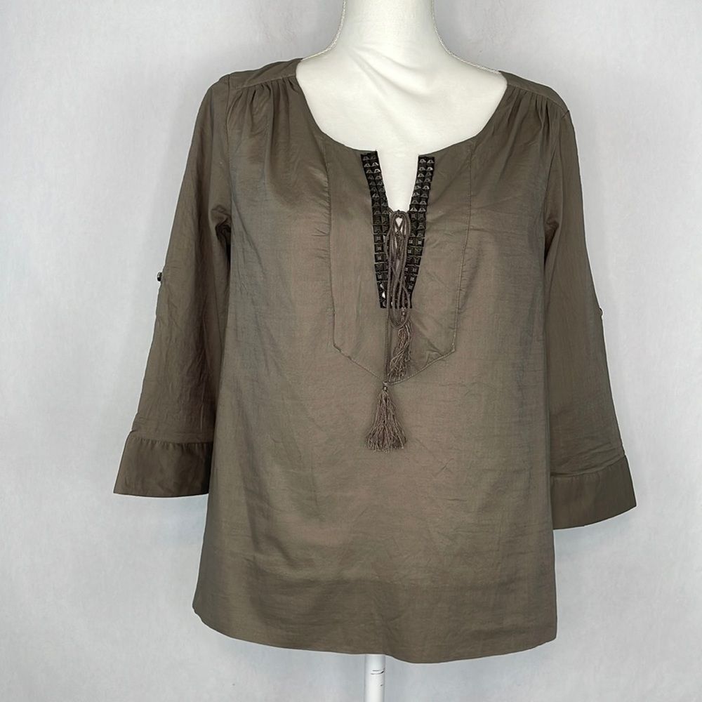 J. Crew 100% Cotton Brown Embellished V-Neck Blouse. Size 4. New With Tags.